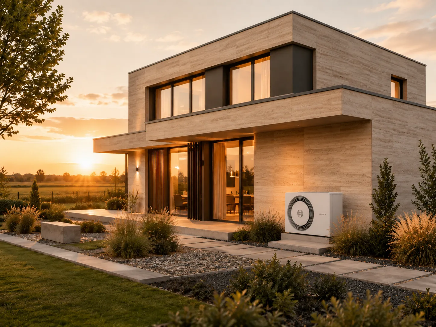 Modernes Einfamilienhaus am Niederrhein im goldenen Abendlicht mit Luft-Wärmepumpe an der Fassade